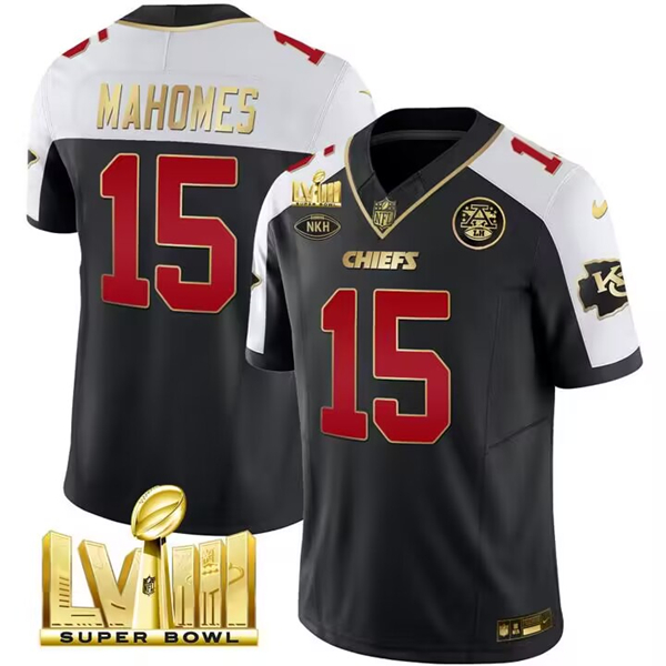 Men's Kansas City Chiefs #15 Patrick Mahomes Black/White 2024 F.U.S.E. Super Bowl LVIII Patch With "NKH" Patch Vapor Untouchable Limited Stitched Football Jersey